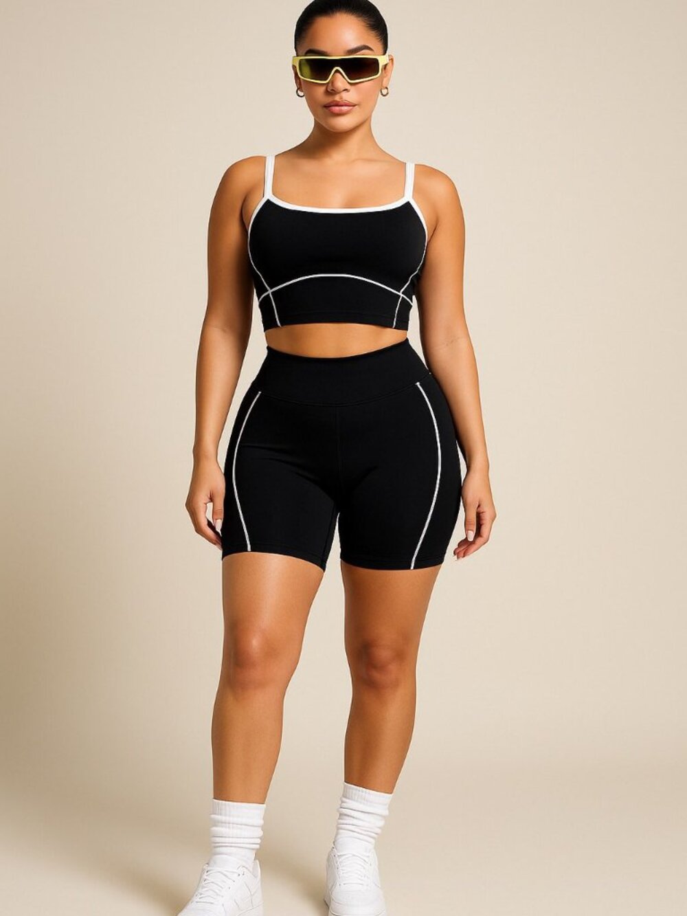OTOS Athletic Workout Set Sport Bra Shorts Top High Rise Tummy Control Blk XL